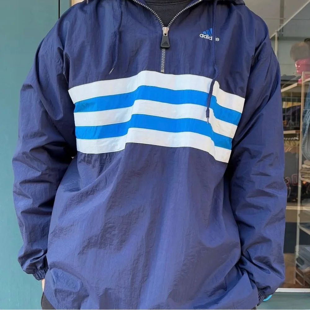 90s Adidas Navy Blue 3 Stripe‎ Windbreaker